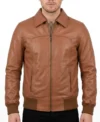 Mens Bomber Style Brown Leather Jacket