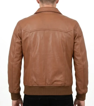 Mens Bomber Style Brown Leather Jacket back