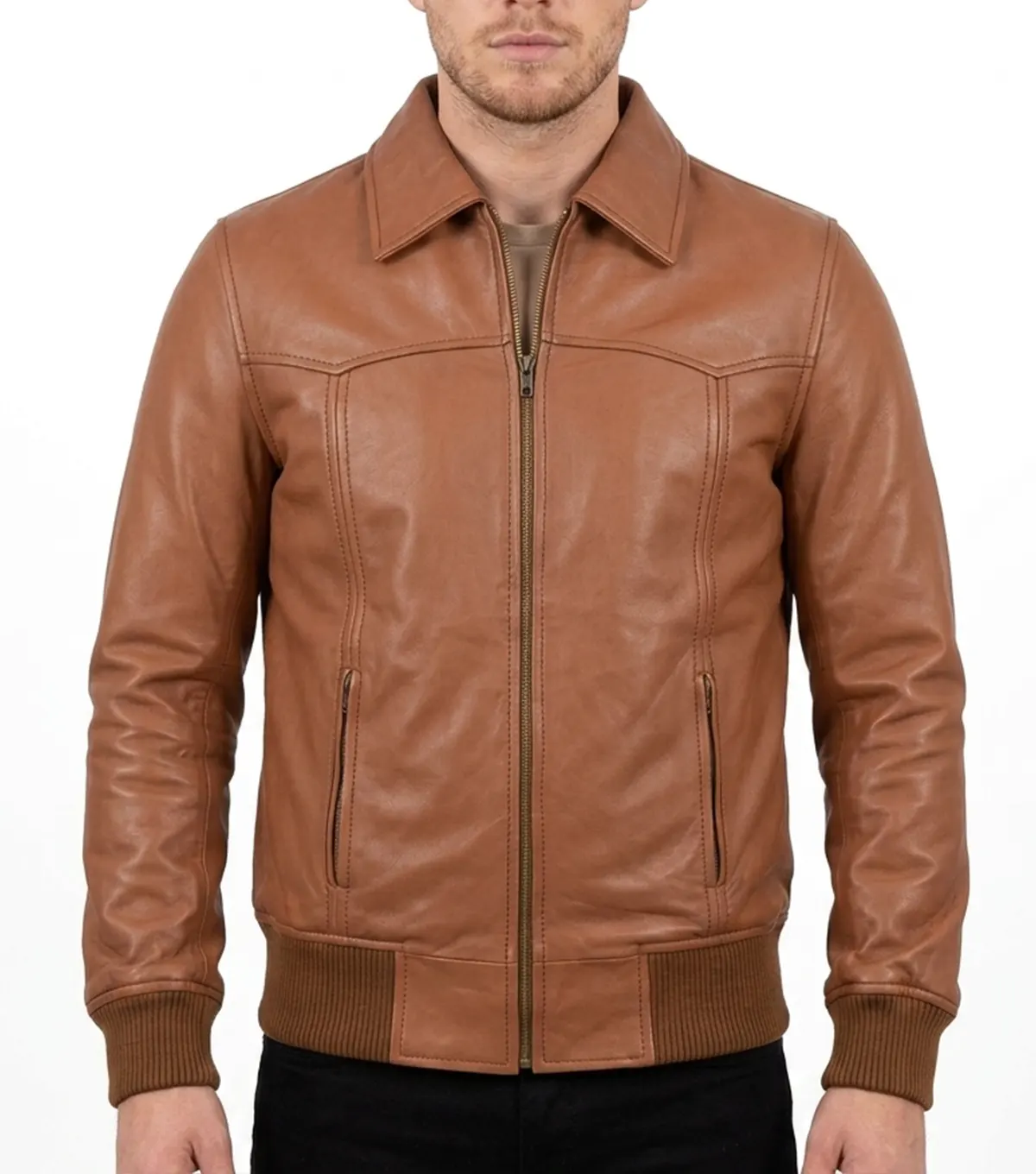 Mens Bomber Style Brown Leather Jacket