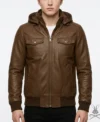 Mens Brown Chest Pocket Leather Hoodie