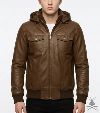 Mens Brown Chest Pocket Leather Hoodie