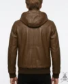 Mens Brown Chest Pocket Leather Hoodie back