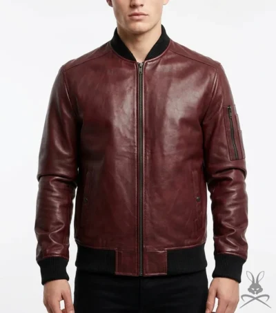 Men's Burgundy Lambskin Leather Bomber Jacket
