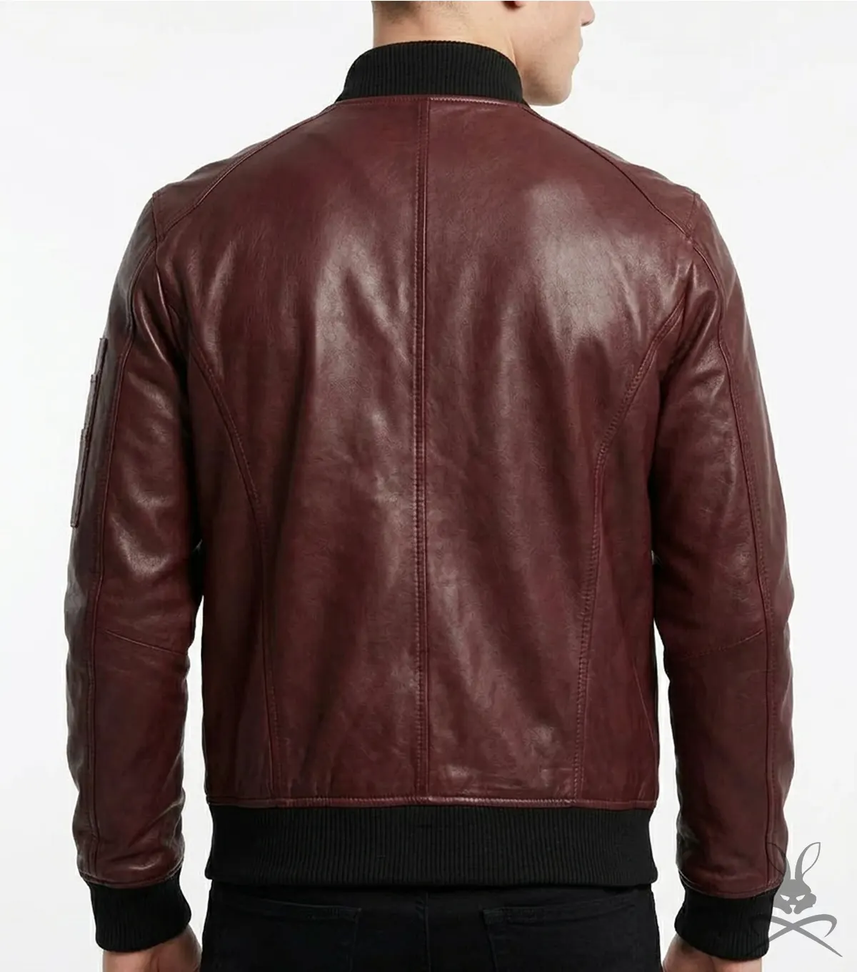 Men's Burgundy Lambskin Leather Bomber Jacket back