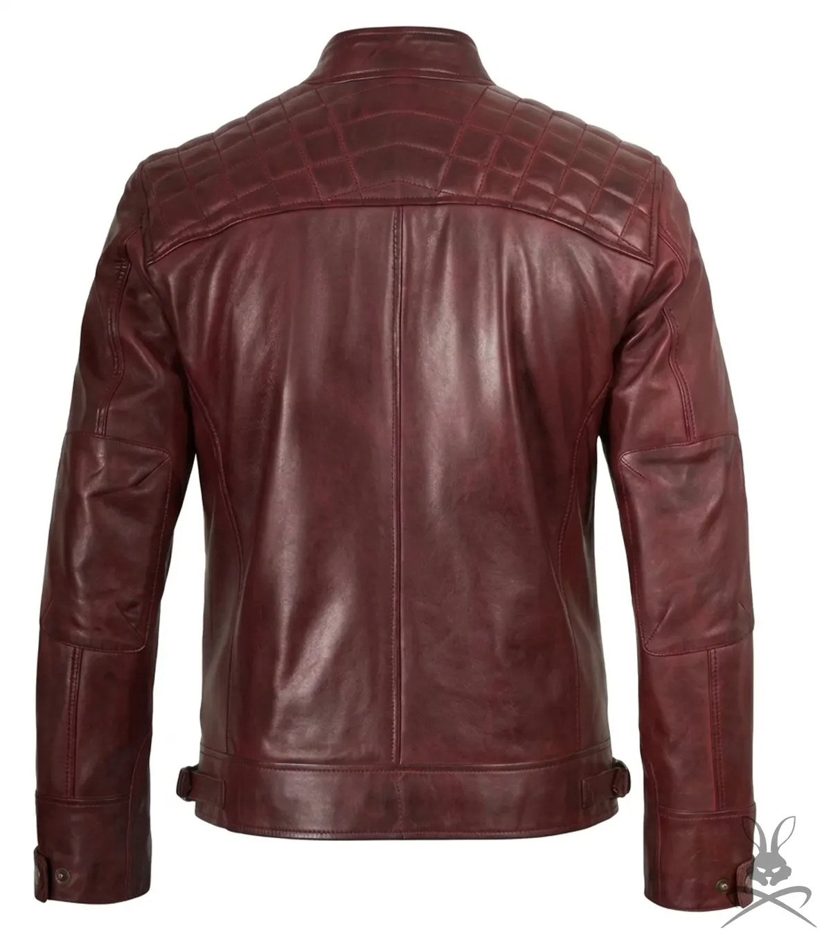 Men's Burgundy Quilted Real Leather Biker Style Jacket back view