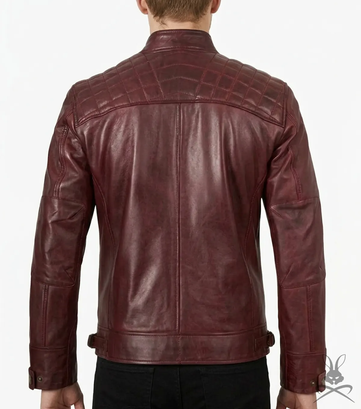 Men's Burgundy Quilted Real Leather Biker Style Jacket back