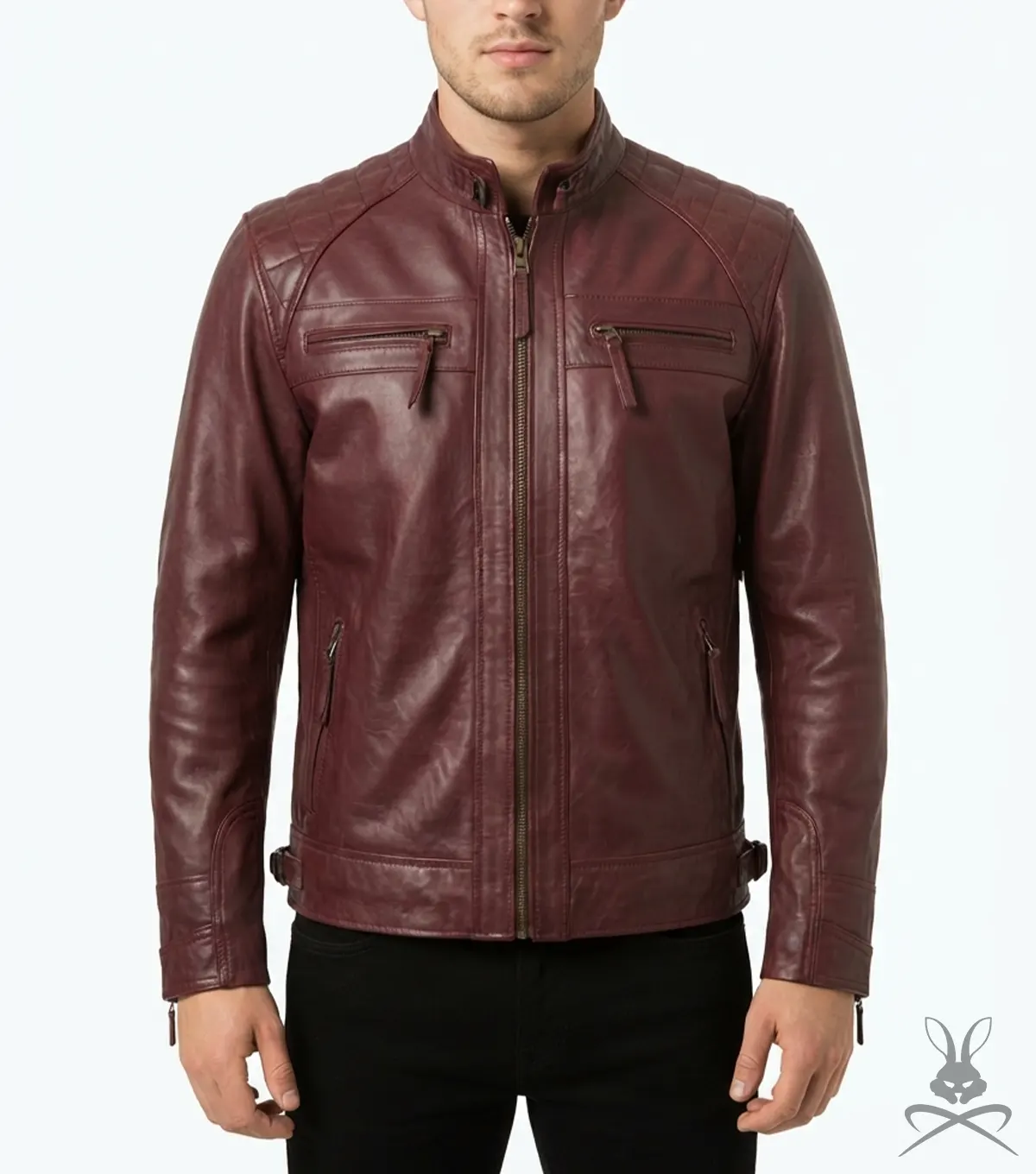 Men's Burgundy Quilted Real Leather Biker Style Jacket