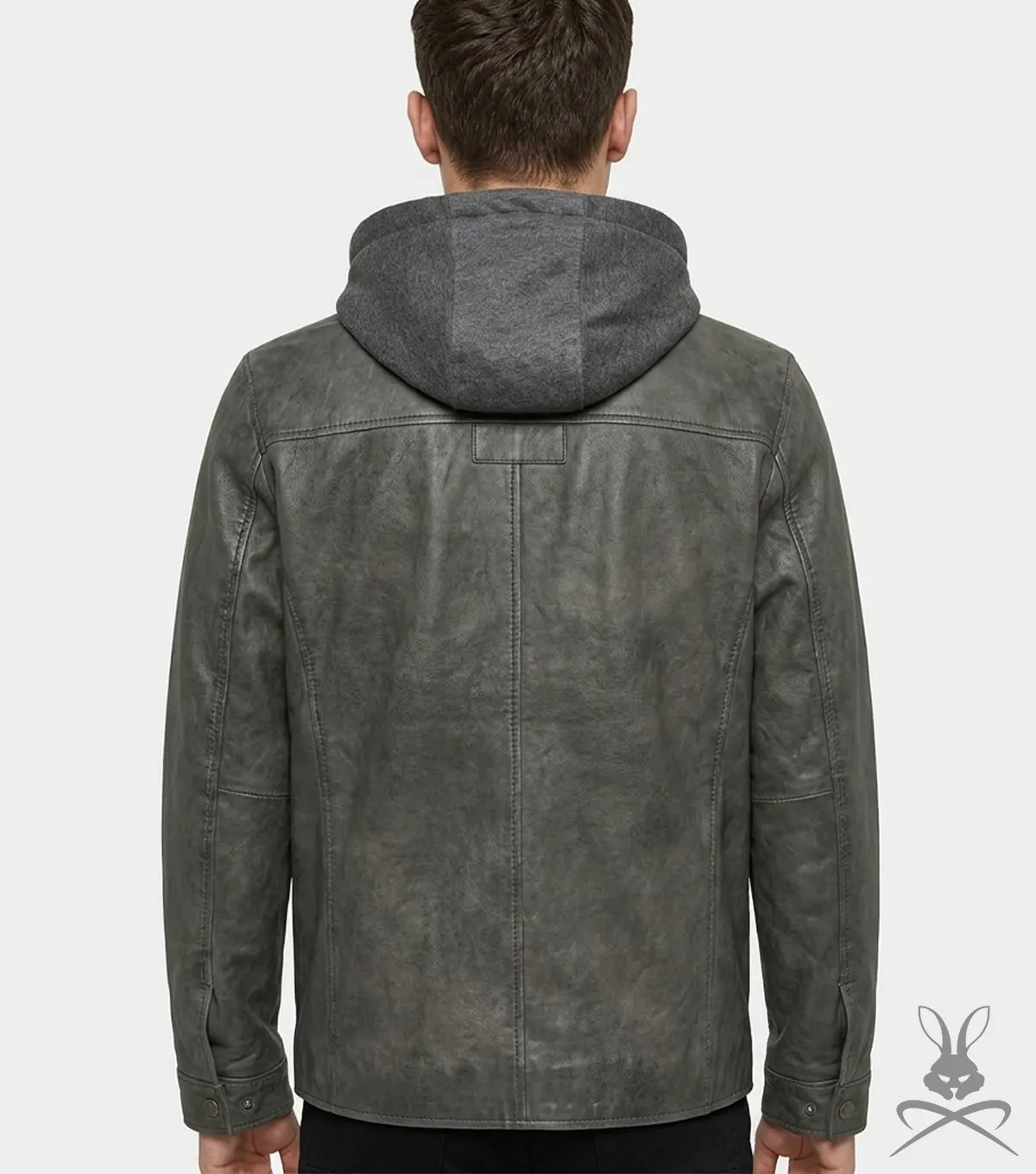 Mens Charcoal Button-Up Leather Hoodie back