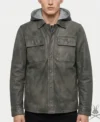 Mens Charcoal Button-Up Leather Hoodie