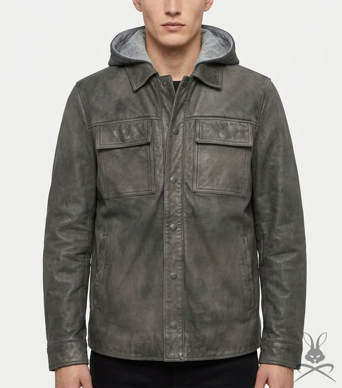 Mens Charcoal Button-Up Leather Hoodie