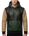 Mens Color-Block Leather Hoodie