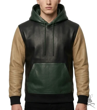 Mens Color-Block Leather Hoodie