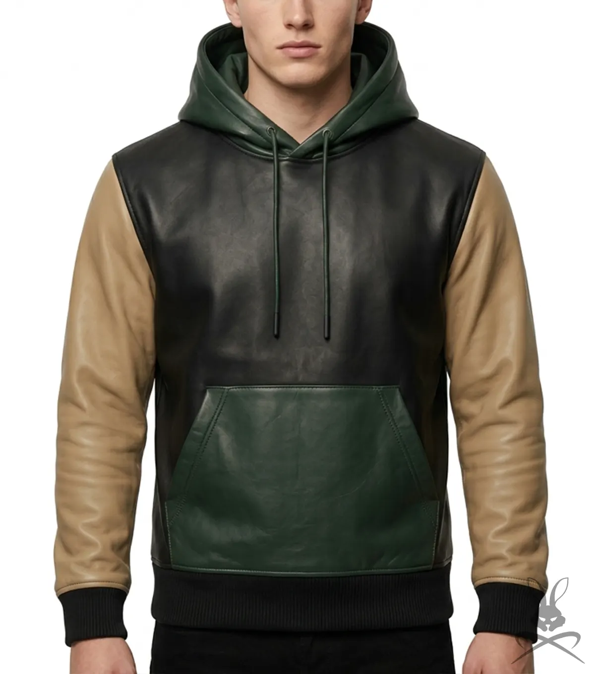 Mens Color-Block Leather Hoodie