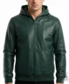 Mens Forest Green Leather Pull-Over Hoodie