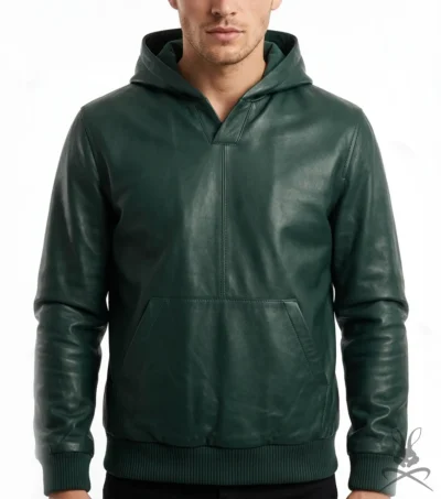 Mens Forest Green Leather Pull-Over Hoodie