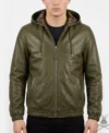 Mens Leather Hoodie in Olive
