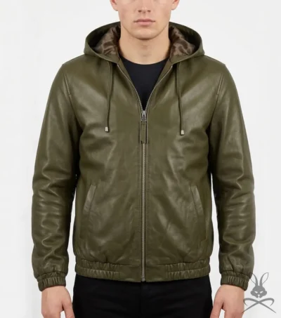 Mens Leather Hoodie in Olive