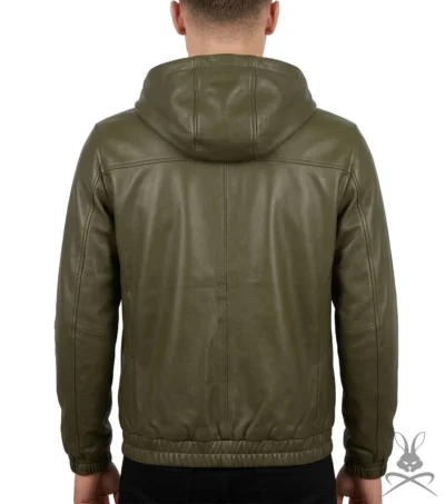 Mens Leather Hoodie in Olive back