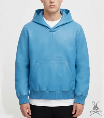 Men's Leather Pull-Over Hoodie in Baby Blue