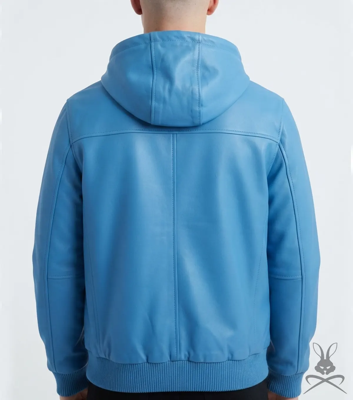 Men's Leather Pull-Over Hoodie in Baby Blue back