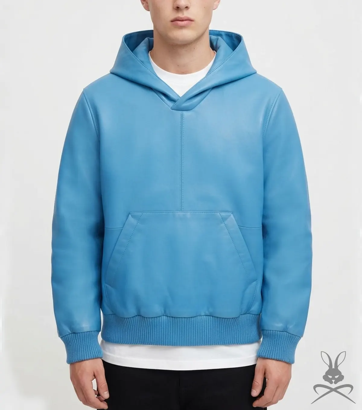 Men's Leather Pull-Over Hoodie in Baby Blue