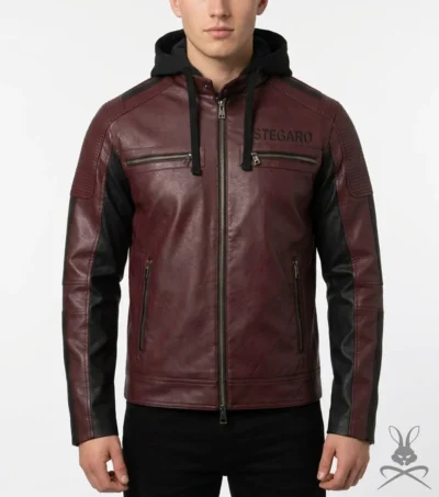 Mens Maroon Hooded Real Leather Biker Jacket