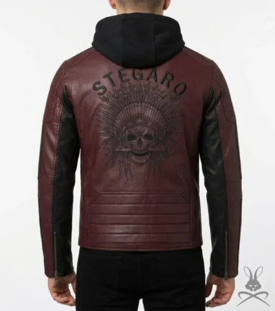 Mens Maroon Hooded Real Leather Biker Jacket back pose