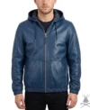 Mens Navy Blue Real Leather Hoodie