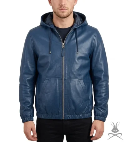 Mens Navy Blue Real Leather Hoodie