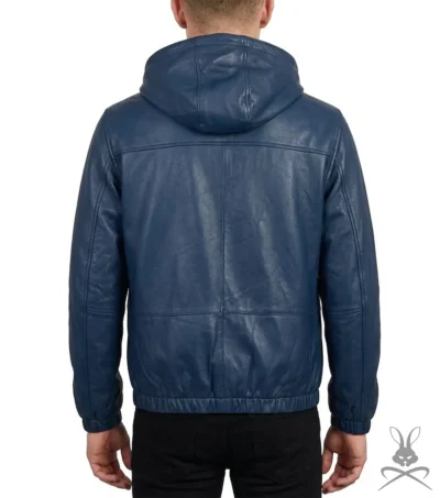 Mens Navy Blue Real Leather Hoodie back
