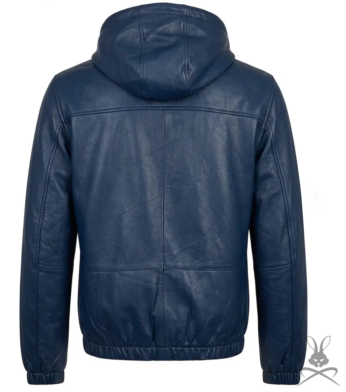 Mens Navy Blue Real Leather Hoodie back view
