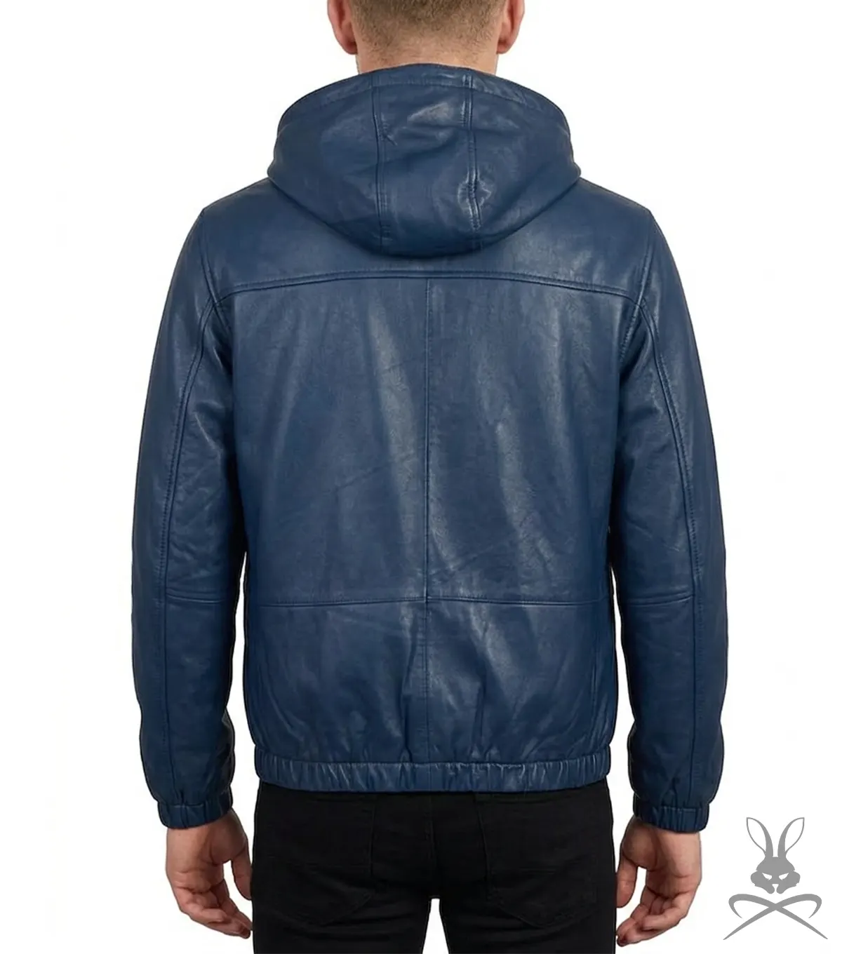 Mens Navy Blue Real Leather Hoodie back
