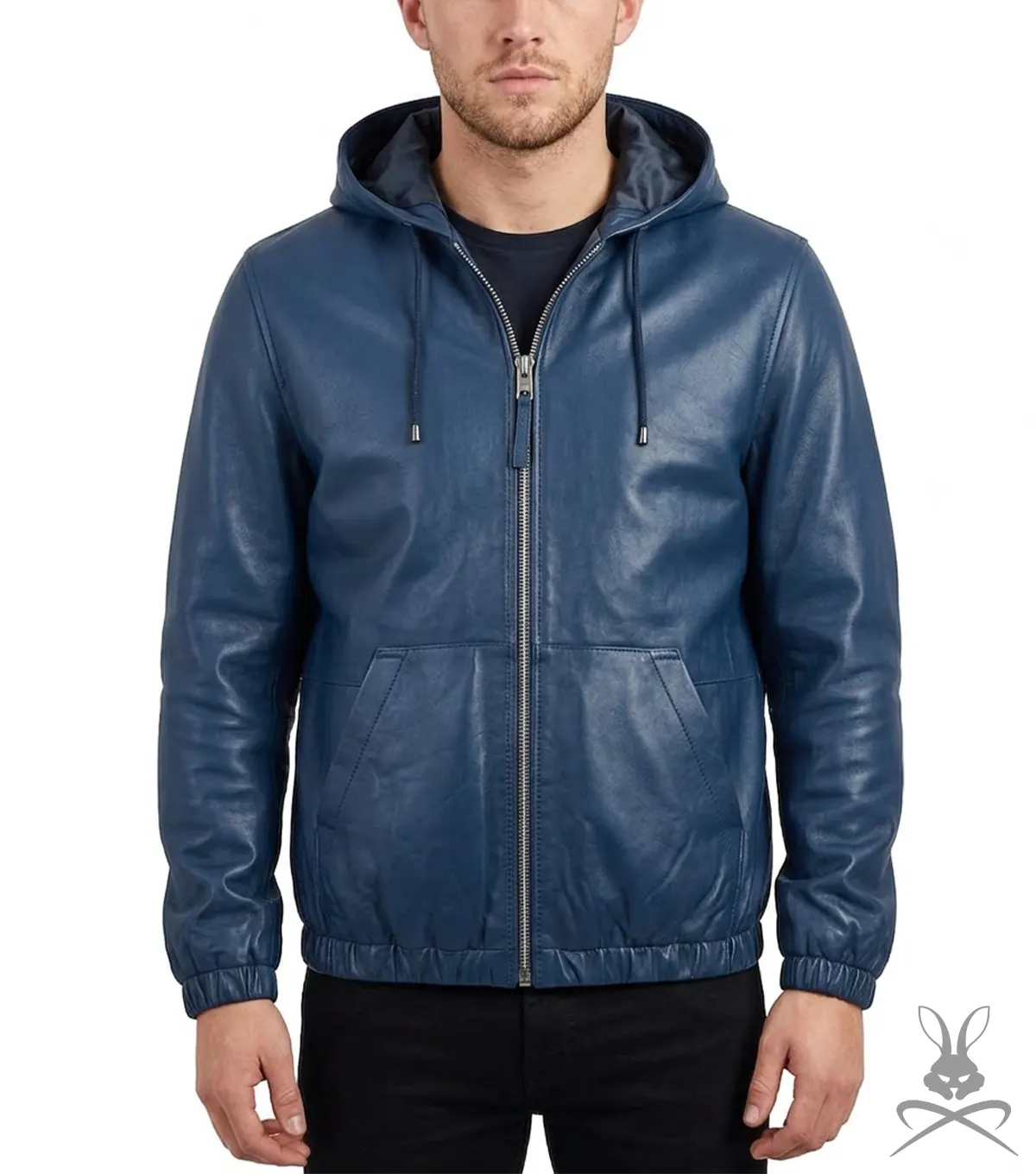 Mens Navy Blue Real Leather Hoodie