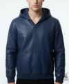 Men's Navy Leather Pull-Over Hoodie