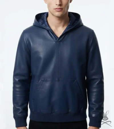 Men's Navy Leather Pull-Over Hoodie