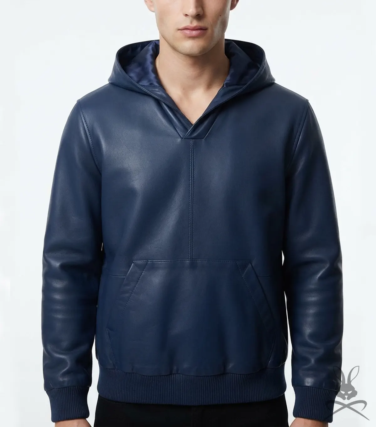 Men's Navy Leather Pull-Over Hoodie
