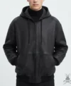 Mens Pebbled Leather Zip Up Hoodie Jacket