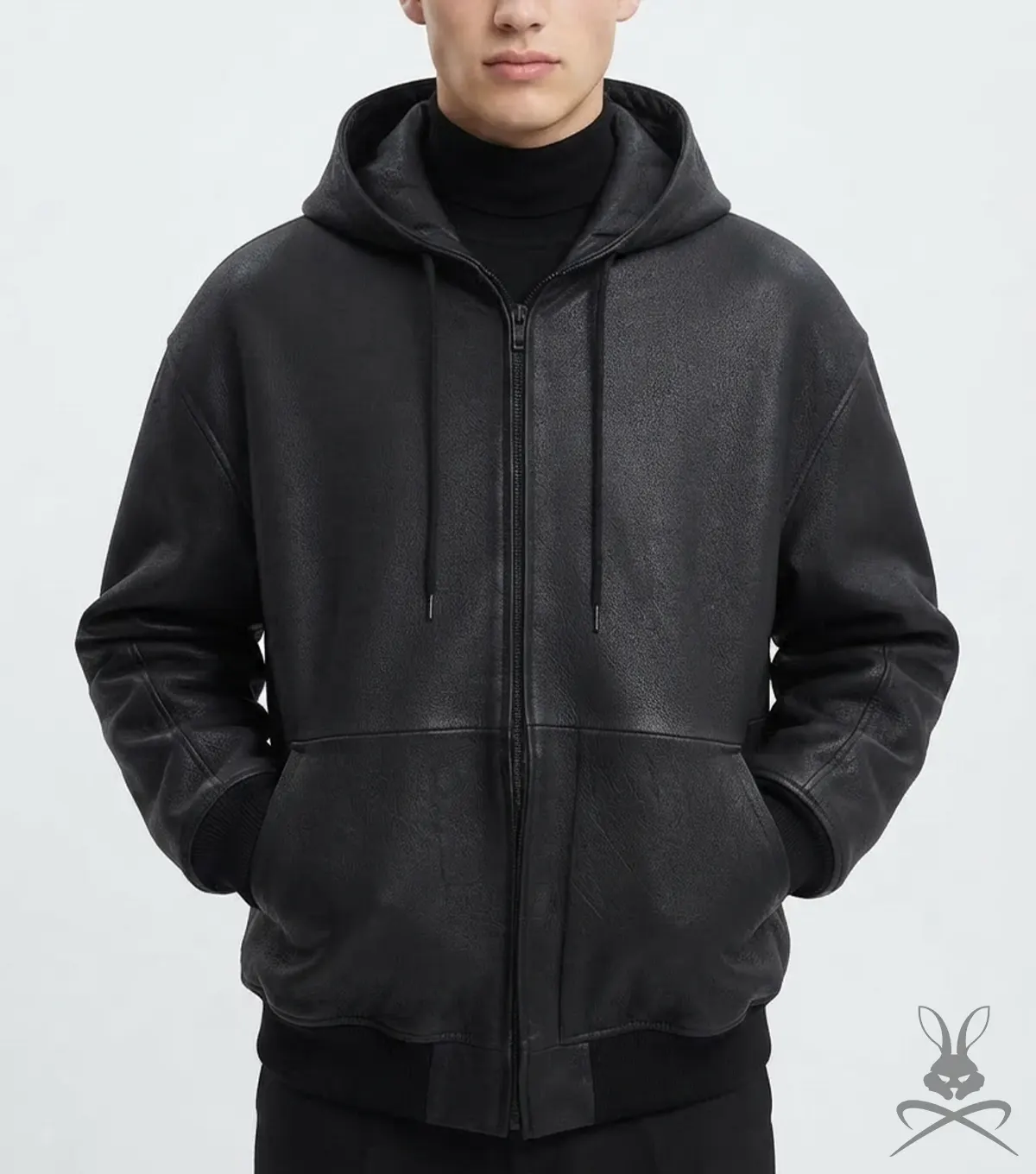 Mens Pebbled Leather Zip Up Hoodie Jacket