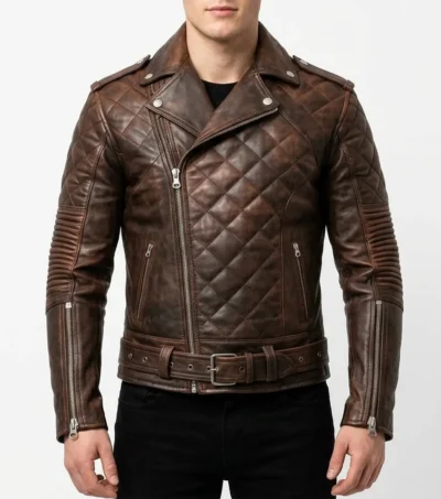 Men's Quilted Brown Real Leather Biker Jacket