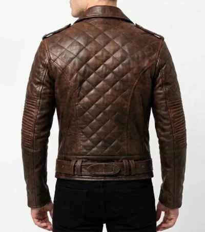 Men's Quilted Brown Real Leather Biker Jacket back