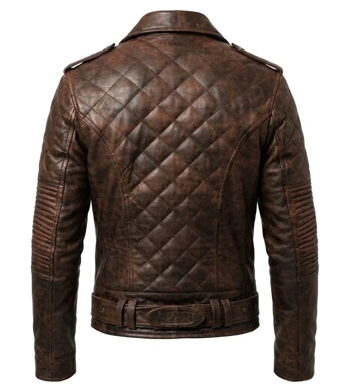 Men's Quilted Brown Real Leather Biker Jacket back view