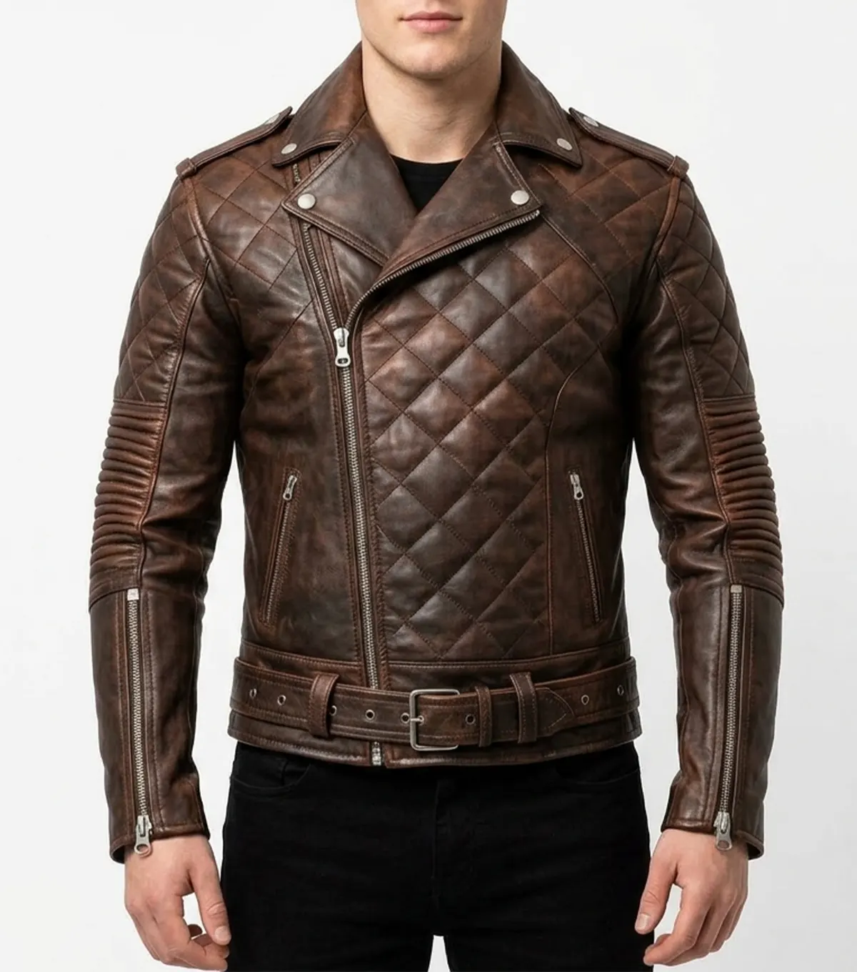 Men's Quilted Brown Real Leather Biker Jacket