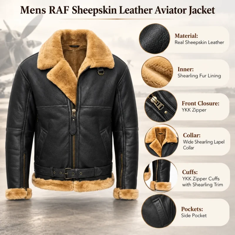 Mens RAF Sheepskin Leather Aviator Jacket info graph