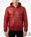 Mens Red Real Leather Hoodie