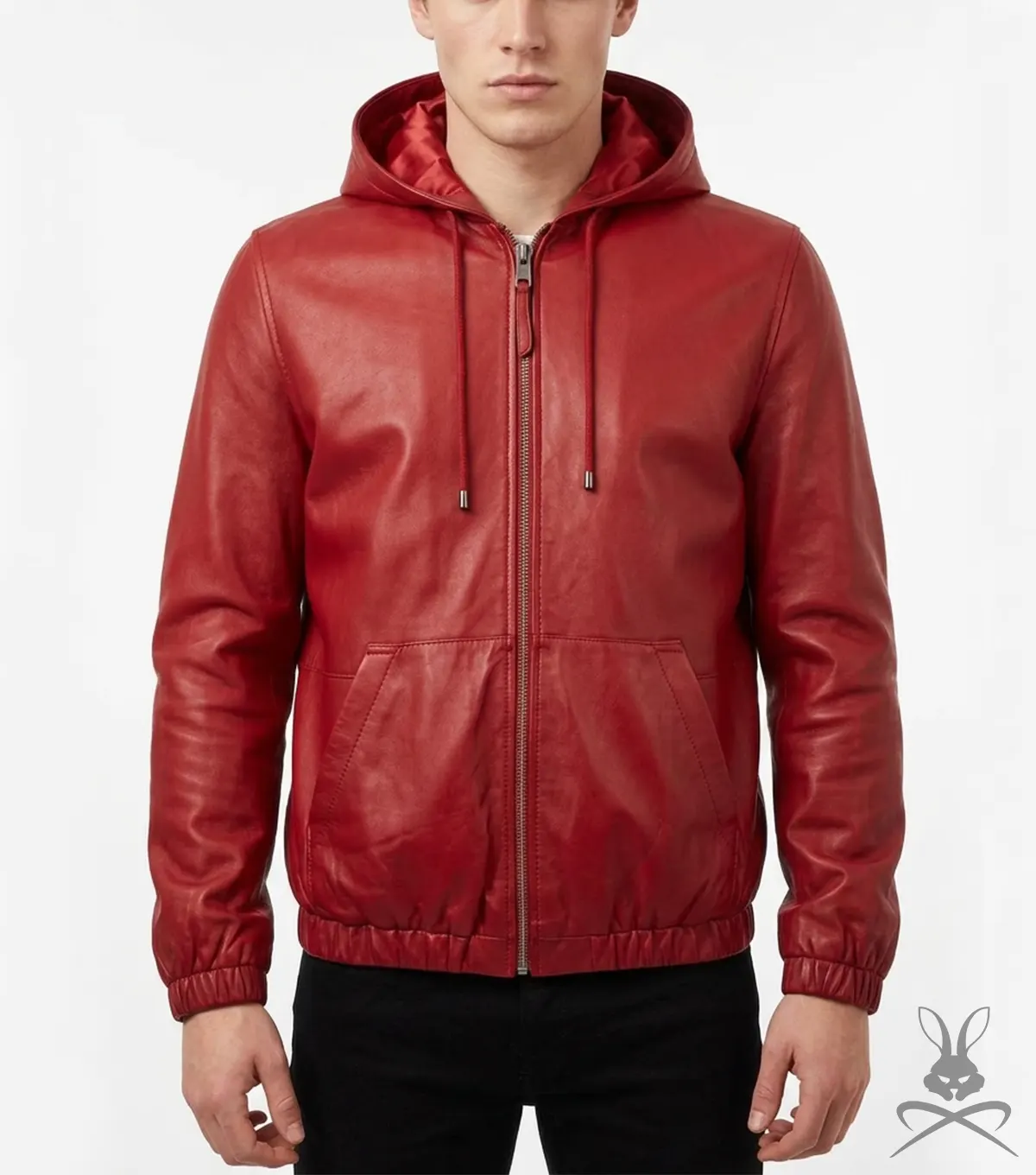 Mens Red Real Leather Hoodie