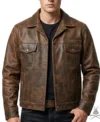 Mens Trucker Distressed Leather Jacket In Dark Brown