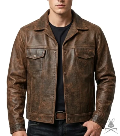Mens Trucker Distressed Leather Jacket In Dark Brown