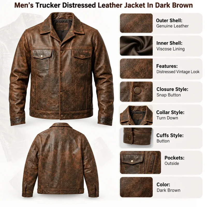 Men’s Trucker Distressed Leather Jacket In Dark Brown info graph