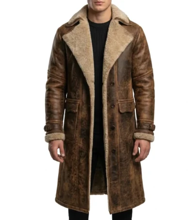 Mens Vintage Brown Suede Faux Fur Lined Leather Coat