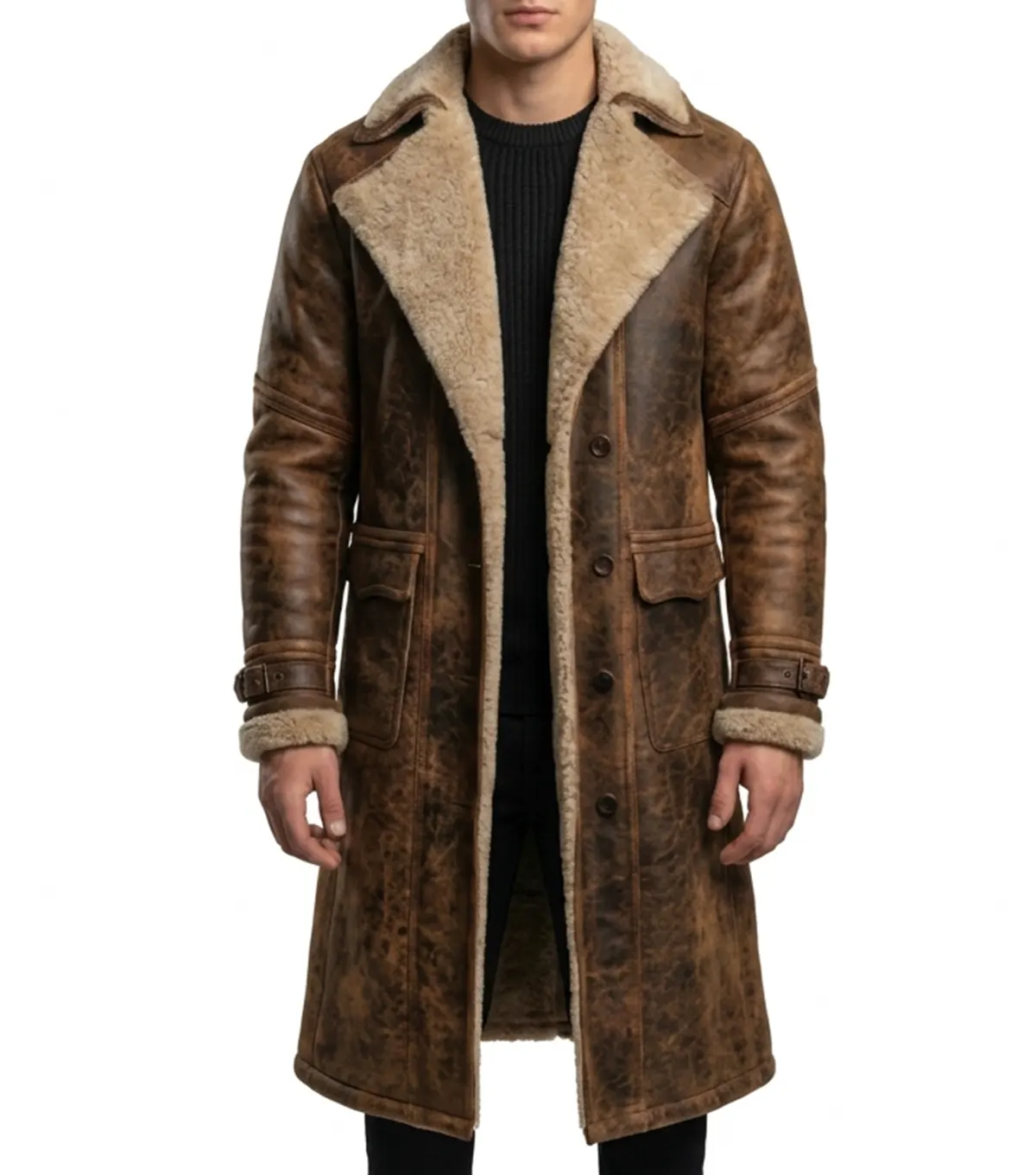 Mens Vintage Brown Suede Faux Fur Lined Leather Coat